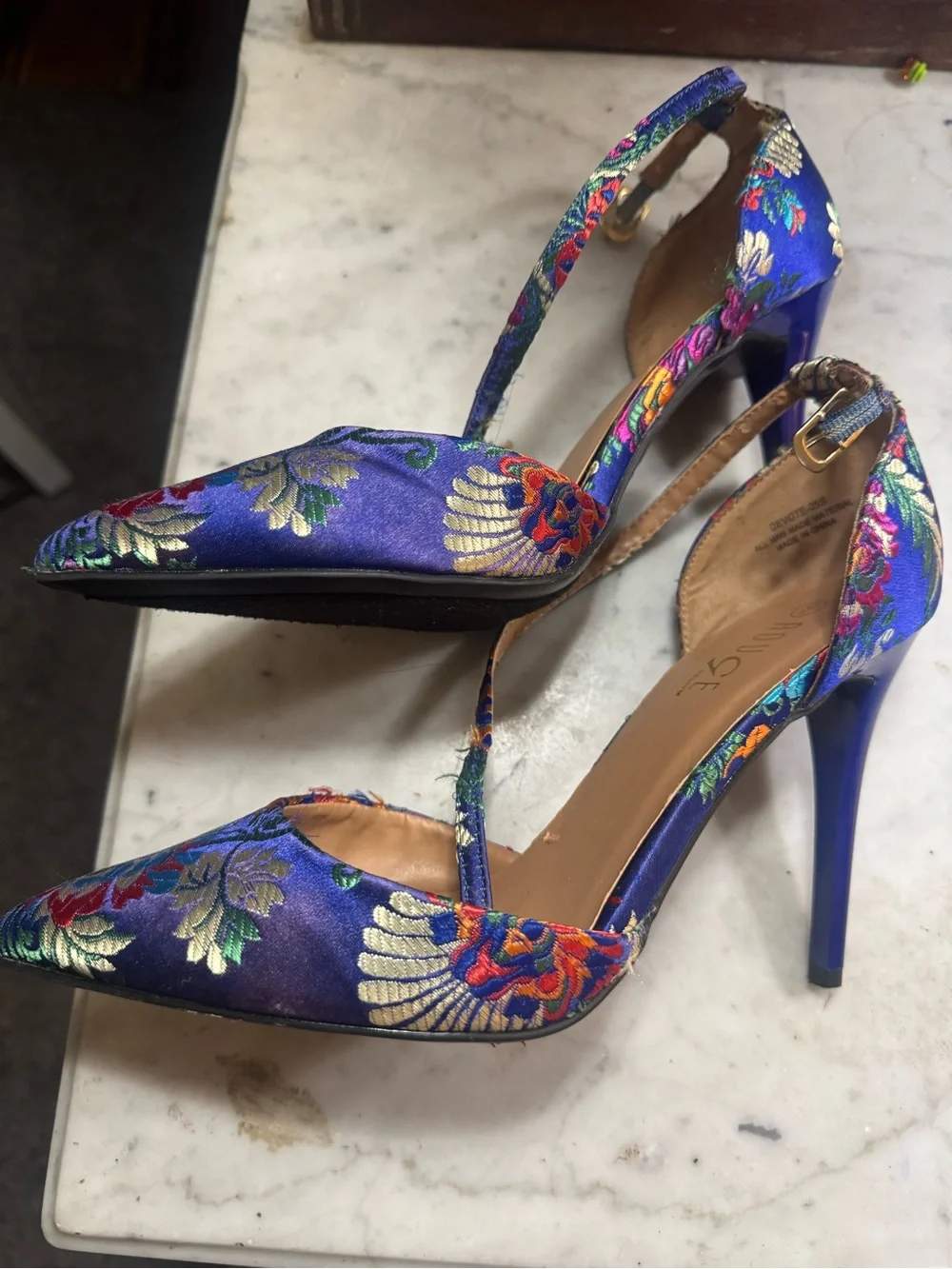 Women’s Blue Floral Ankle-Strap Pointed-Toe Heels